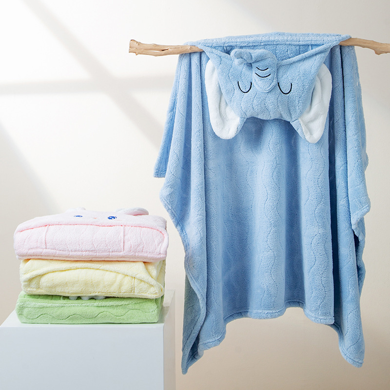Coral Fleece Bath Towel Cape with Cartoon Hood, Non-Shedding, Absorbent, Thickened, Cute Cartoon Hooded Poncho