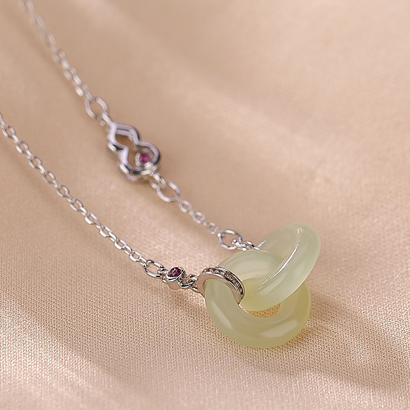 Mặt dây chuyền hồ lô bạc S925 mạ vàng đính ngọc bích xanh — Ngọc trắng mạ vàng (bao gồm chuỗi)