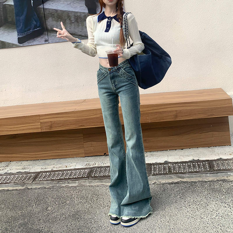 American Style Retro Design Sense Micro-La Jeans Women's 2024 New Slim All-match Slim-fit Low Waist V-shaped Stretch