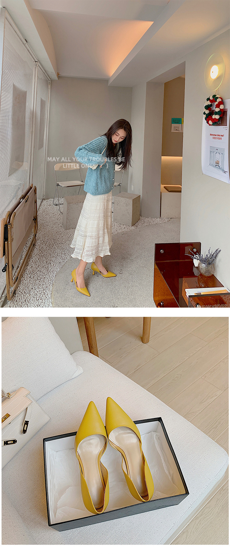 Giày cao gót nữ mũi nhọn gót nhọn da bò miệng nông kiểu đơn giản — Màu be chi tiết 32