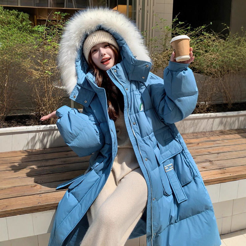 2025 New Extra Large Size Plus Fat Plus Slim Waist Slimming Look Long Hooded Raccoon Fur Collar down Jacket 240
