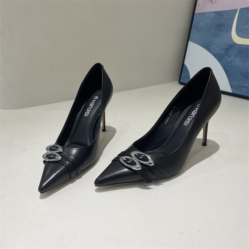 2025 New Stiletto High Heels Women's Niche Design Belt Buckle Black Pointed Toe Trendy Flats Work Shoes