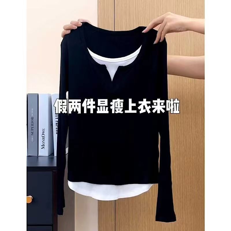 纯棉灰色假两件长袖t恤女秋季新款设计感修身内搭打底衫辣妹上衣|undefined