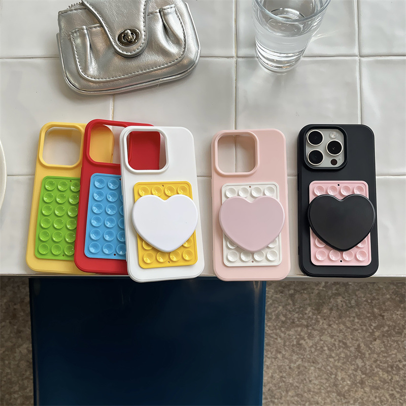 Li Rongshu's Same Style Color-Blocking Suction Cup Heart-Shaped Mirror Suitable for Apple 17 iPhone 16 Pro Max Phone Case 1314