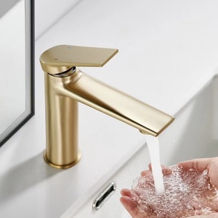 All-Copper Brushed Gold Hot and Cold Basin Faucet for Home Bathroom Sink Hotel Project with Ceramic Valve Core