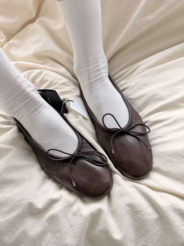 Giày búp bê nữ da bò đính nơ phong cách retro, đế bệt mũi tròn xỏ chân cổ thấp — Màu nâu (da) chi tiết 10