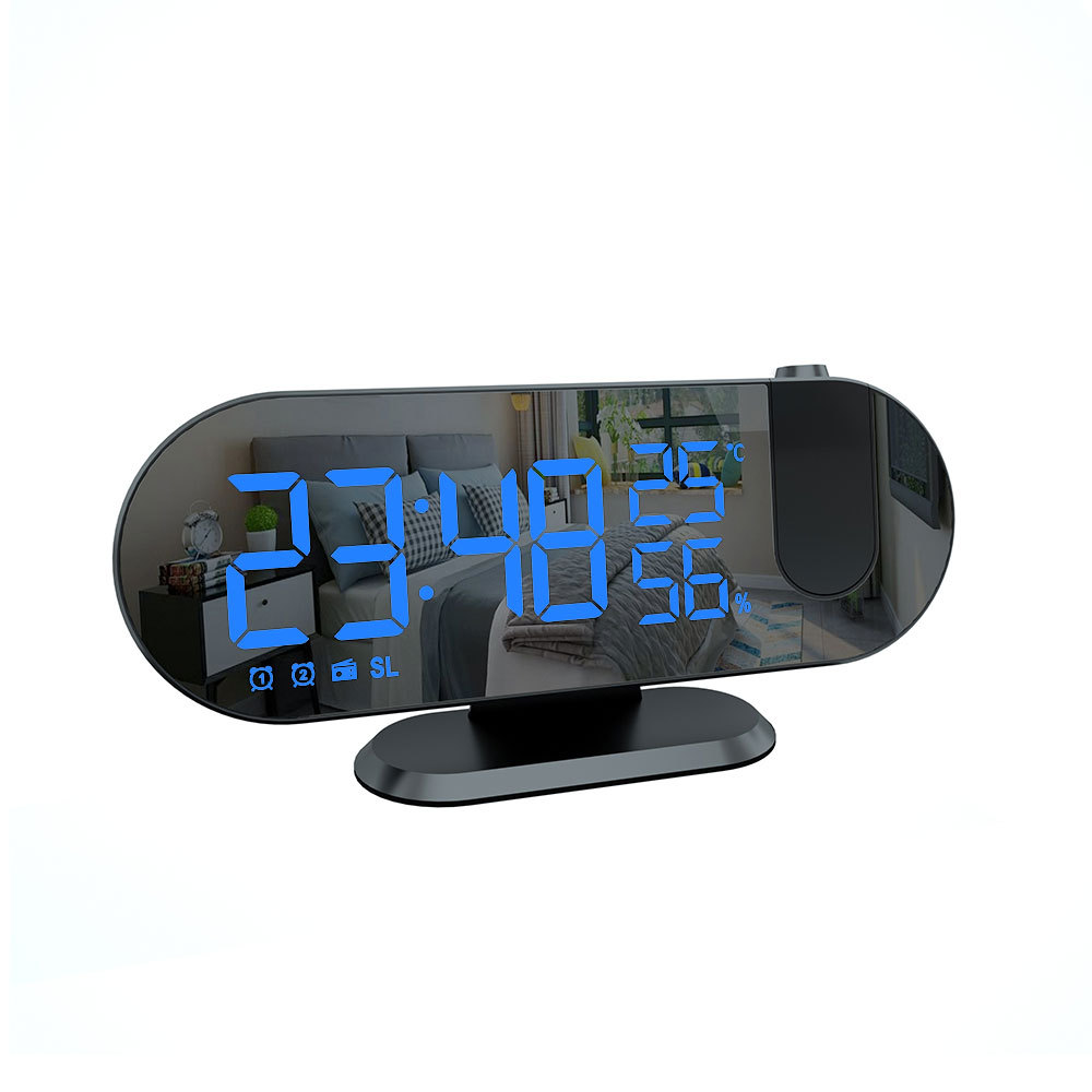 Nueva creativa espejo de pantalla grande reloj despertador digital moderno de temperatura y humedad radio FM luminosa casa reloj de proyección