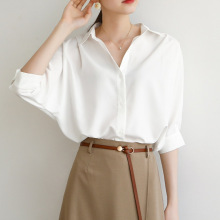白色衬衣女夏季慵懒宽松通勤灯笼袖清凉轻奢OL百搭抗皱中袖白衬衫