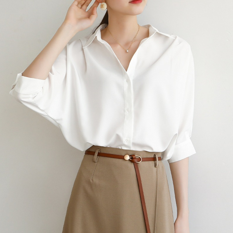 白色衬衣女夏季慵懒宽松通勤灯笼袖清凉轻奢OL百搭抗皱中袖白衬衫