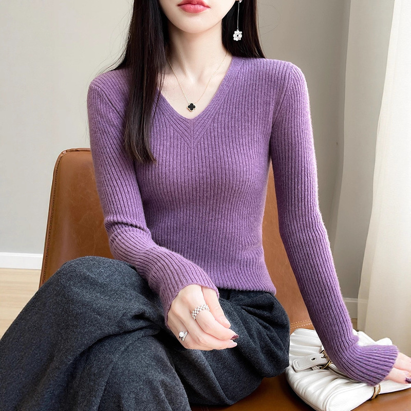 女士长袖针织衫秋冬新款修身套头毛衣内搭韩系简约显瘦针织打底衫|undefined