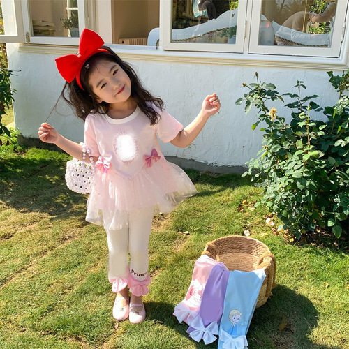  Girls' New Summer Clothes Snow Elsa Princess Melody Mesh Fashionable Versatile Cotton Short-Sleeved Two-piece Set