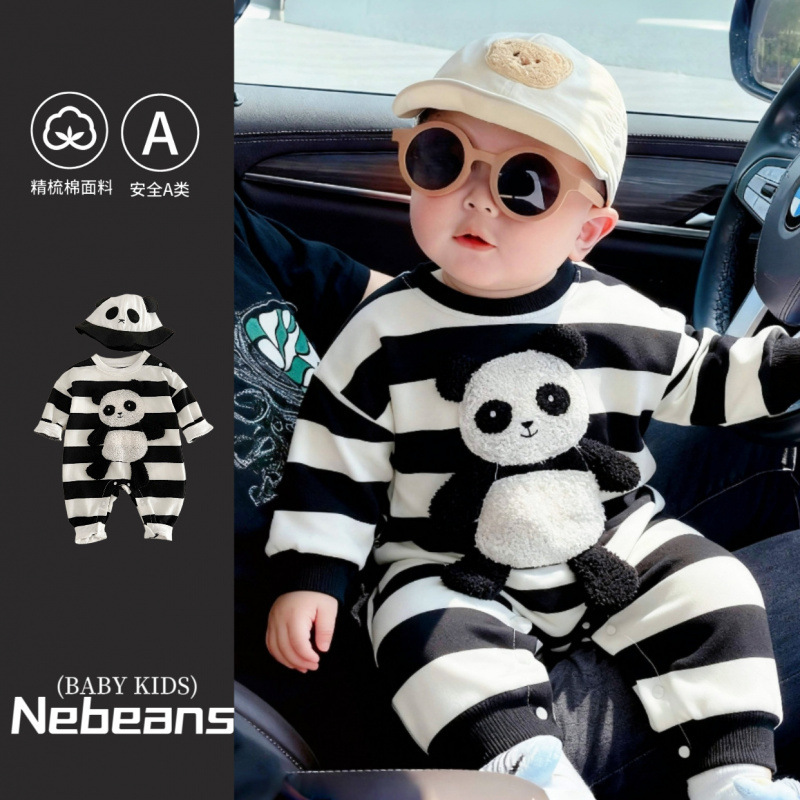 0-2 Years Old Baby Clothes Autumn Long-Sleeve Panda Stripe Design Unisex Baby Romper Outdoor Crawling Outfit
