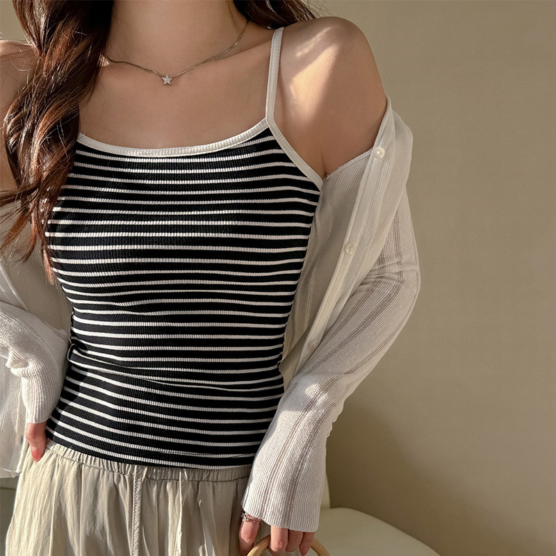 Strict Selection of Spring and Summer Sweet Style Striped Camisole Women's Contrast Color High Elastic Pure Cotton Slim-fit Slimming Base Top
