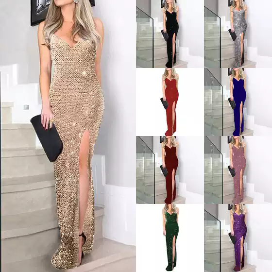 Y9355 Women's 2025 Sexy Sequined Strapless High-Slit Party Dress - New Summer Style
