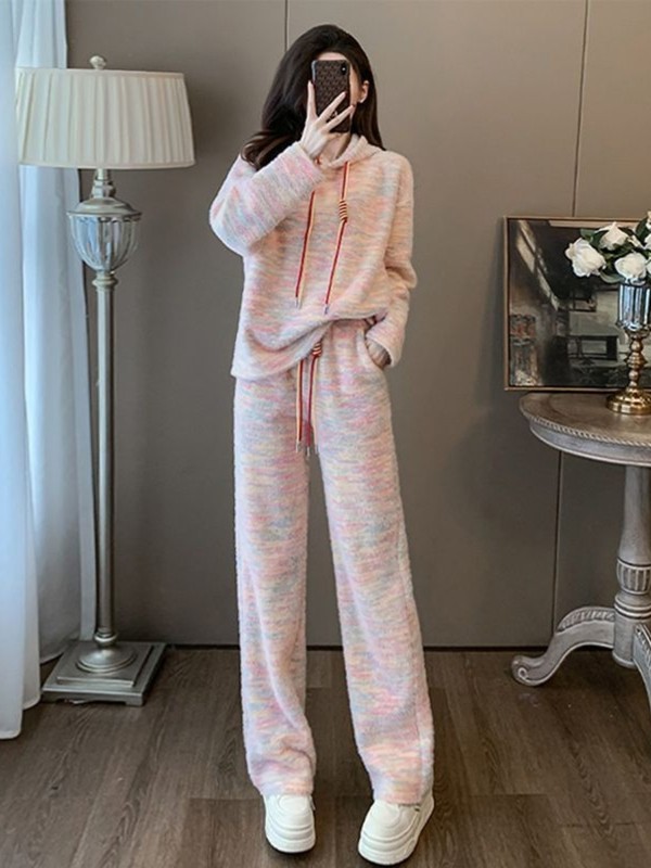 跨境慵懒风休闲运动套装女秋季时尚宽松连帽卫衣高腰阔腿裤两件套|undefined
