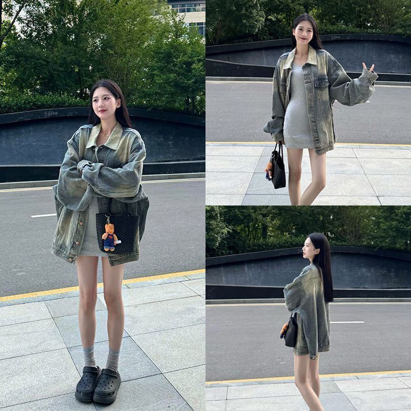 美式春秋复古炸街牛仔外套设计秋季新款宽松工艺水洗夹克质感上衣|undefined