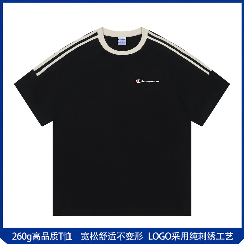 Champion Graffiti Trendy Brand Short-Sleeved T-Shirt for Women 2025 Summer High Quality 260g Three Stripes Loose Cotton Top for Men