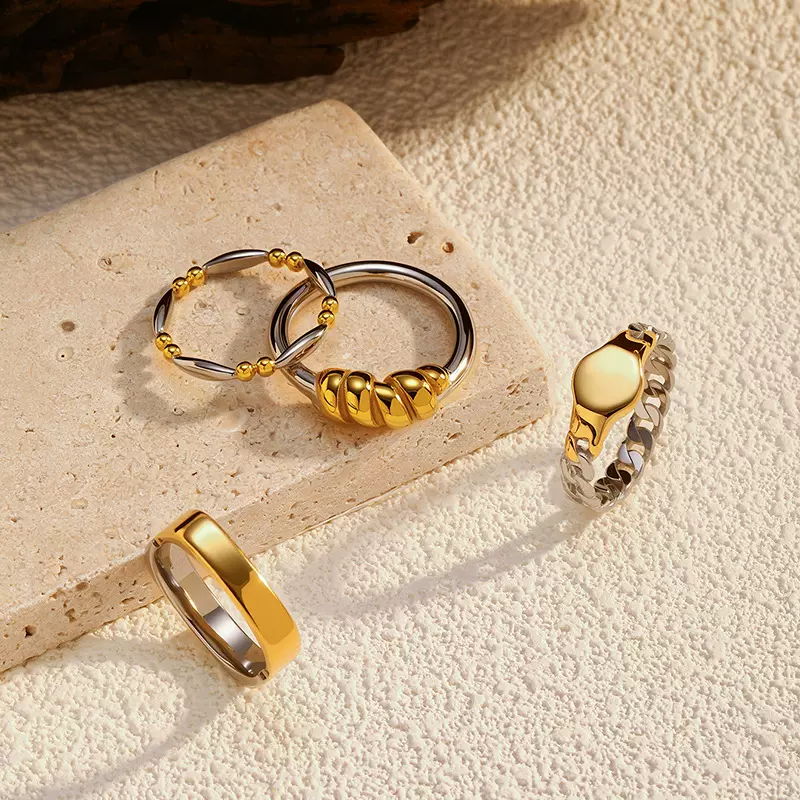 欧美跨境简约个性时髦高级金属感金银双色交叉不锈钢戒指厂家批发