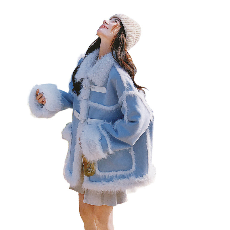 블루 모피 원 LAMBSWOOL COAT 여성의 한국 새 겨울 두꺼운 따뜻한 스웨이드 면화 코트