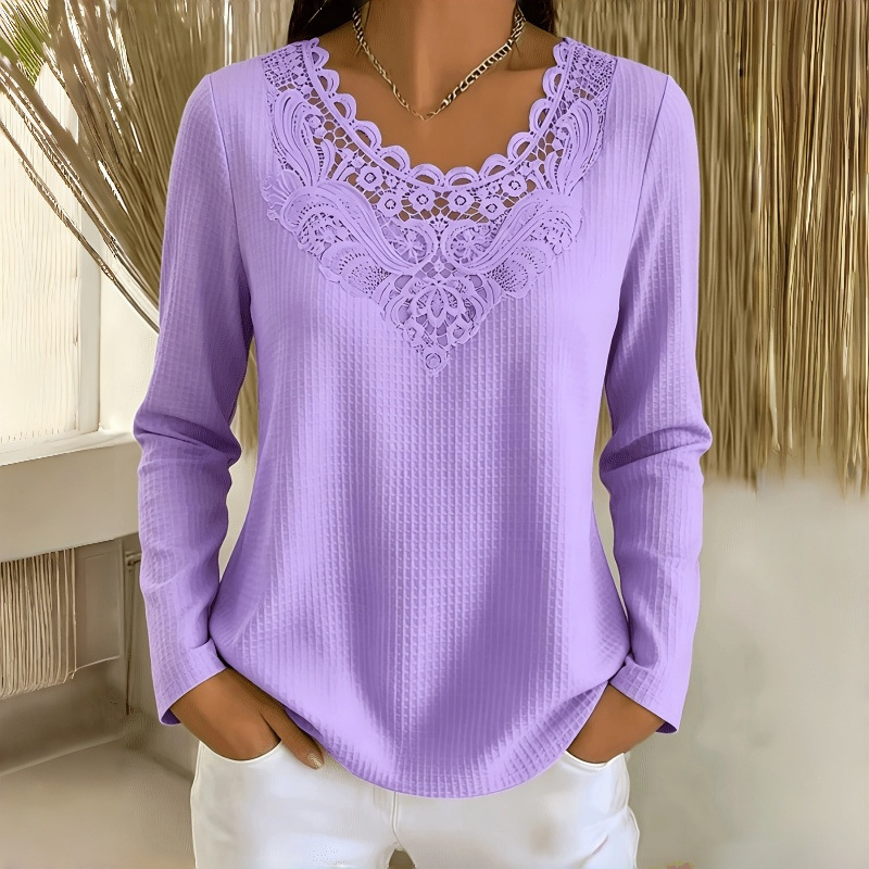 European and American cross-border autumn and winter new comfortable, elegant, and fashionable women's top, solid color lace splicing hollow long-sleeve T-shirt for foreign trade European and American cross-border autumn and winter new comfortable, elegant, and fashionable women's top, solid color lace splicing hollow long-sleeve T-shirt for foreign trade