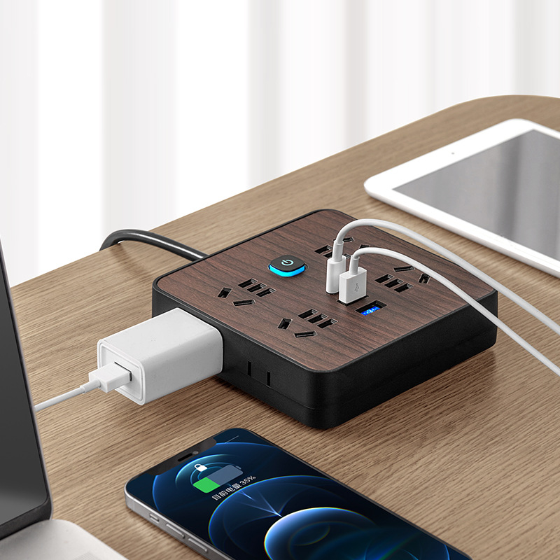 木纹插座多孔排插家用带usb充电接口二脚边插多功能可收纳接线板