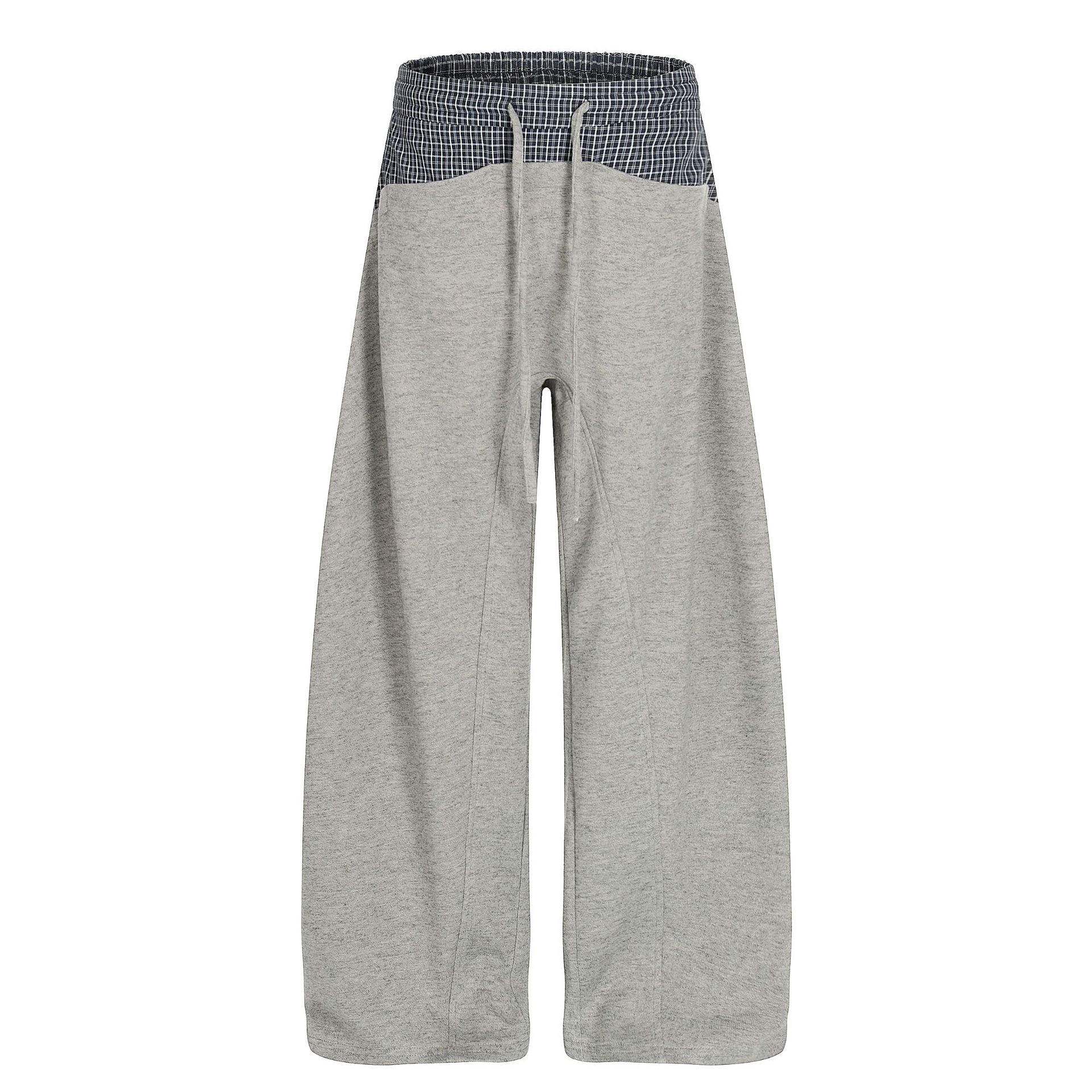 C963 American High Street Retro High-end Drop Plaid Splicing Design Loose Men's Casual Scimitar Sweatpants_viptrois.com
