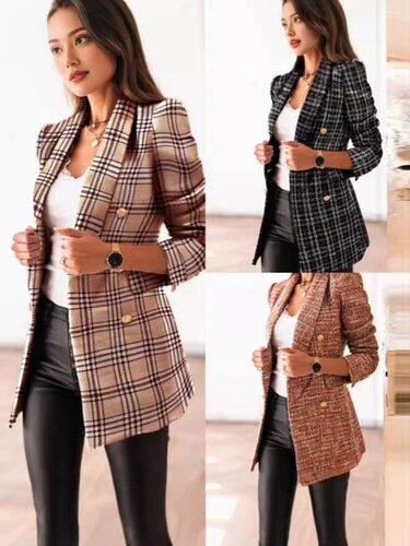 2025 Independent Station Wish Amazon Autumn/Winter Long Sleeve Double Breasted Suit Collar Slim Fit Plaid Small Coat Elegant