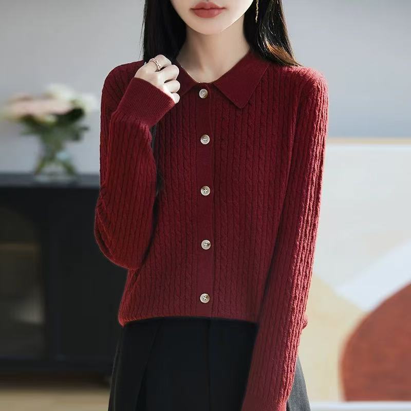 Primavera y otoño Polo cuello de punto de cashmere de color sólido Cardigan de mujer estilo coreano suéter de estilo universal abrigo suelto de torsión con manga larga