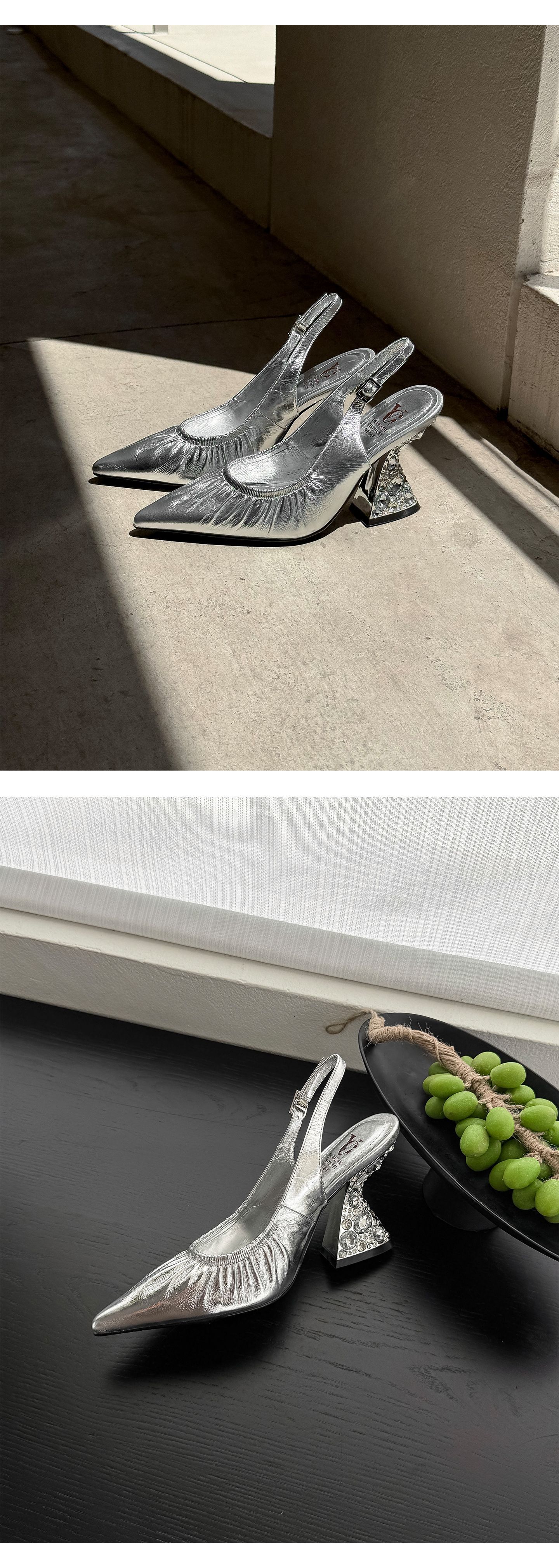 Sandal cao gót nữ mũi nhọn hở mũi quai sau xếp ly đính đá — màu đen, màu vàng, bạc chi tiết 13