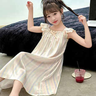 Girls Nightgown Summer New Korean Style Suspender Girls Nightgown Ice Silk Outer Wear Big Children Nightgown Children's Pajamas Skirt