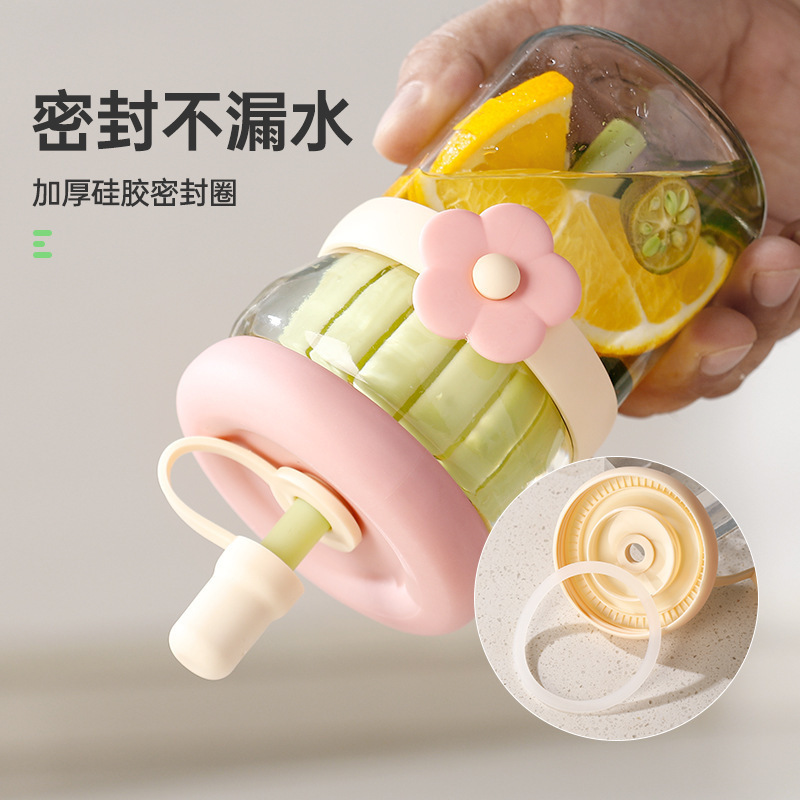 Flower Glass Cup, High-End Household Water Cup with Straw, Tea and Water Separation Cup, Gift Cup, Flower Tea Cup