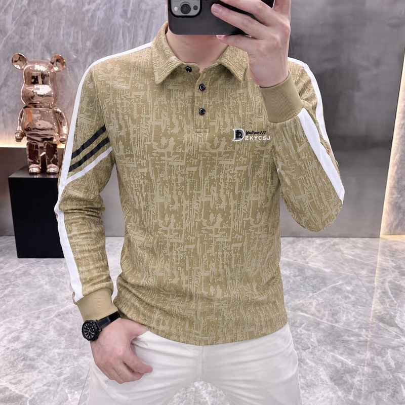 波纹polo秋季男士时尚男装休闲长袖上衣条纹潮流