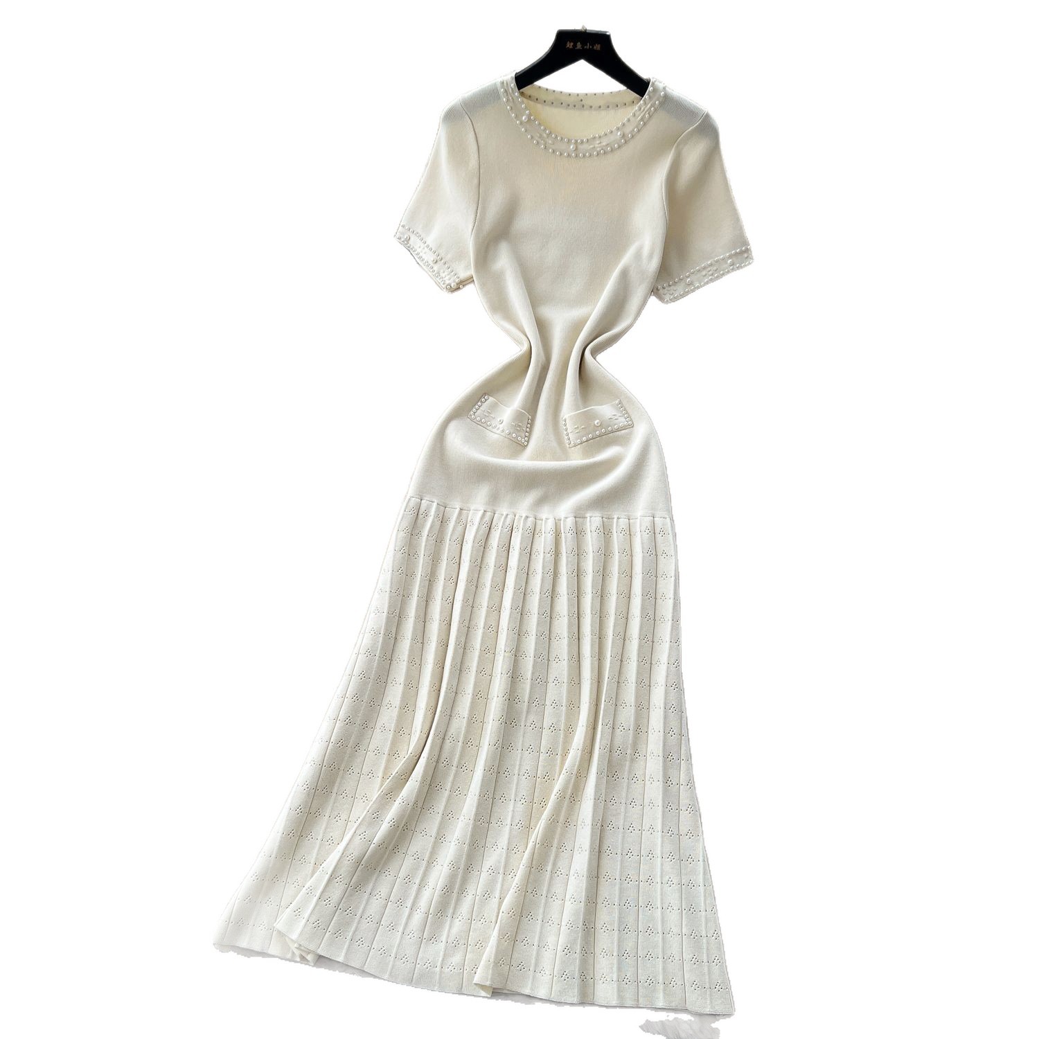 Women's French Style Beaded round Neck Short Sleeve Knit Dress Elegant Slimming Inner Sweater Dress_ecoleips.com