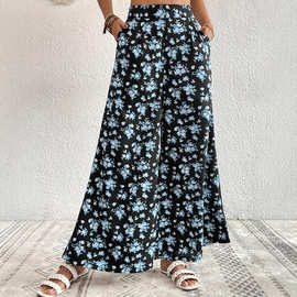 欧美外贸女式休闲裤亚马逊速卖通花朵印花休闲薄款直筒裤子