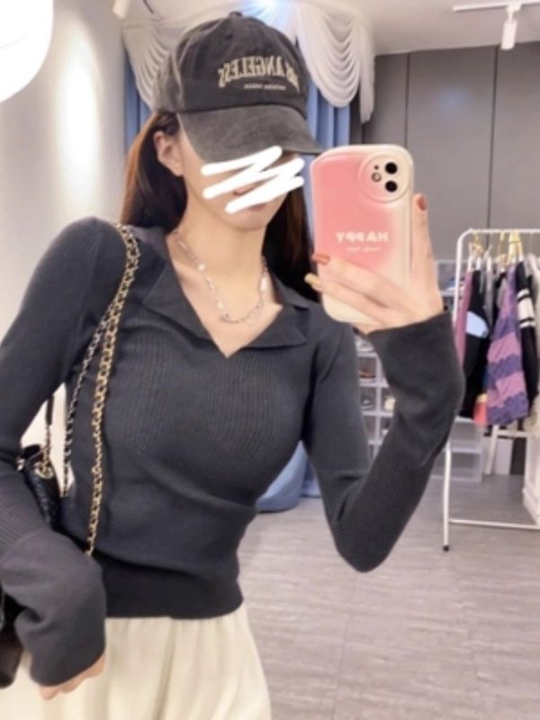 法式Polo领长袖针织衫女秋装设计感纯欲毛衣打底衫欧货上衣ins潮|undefined