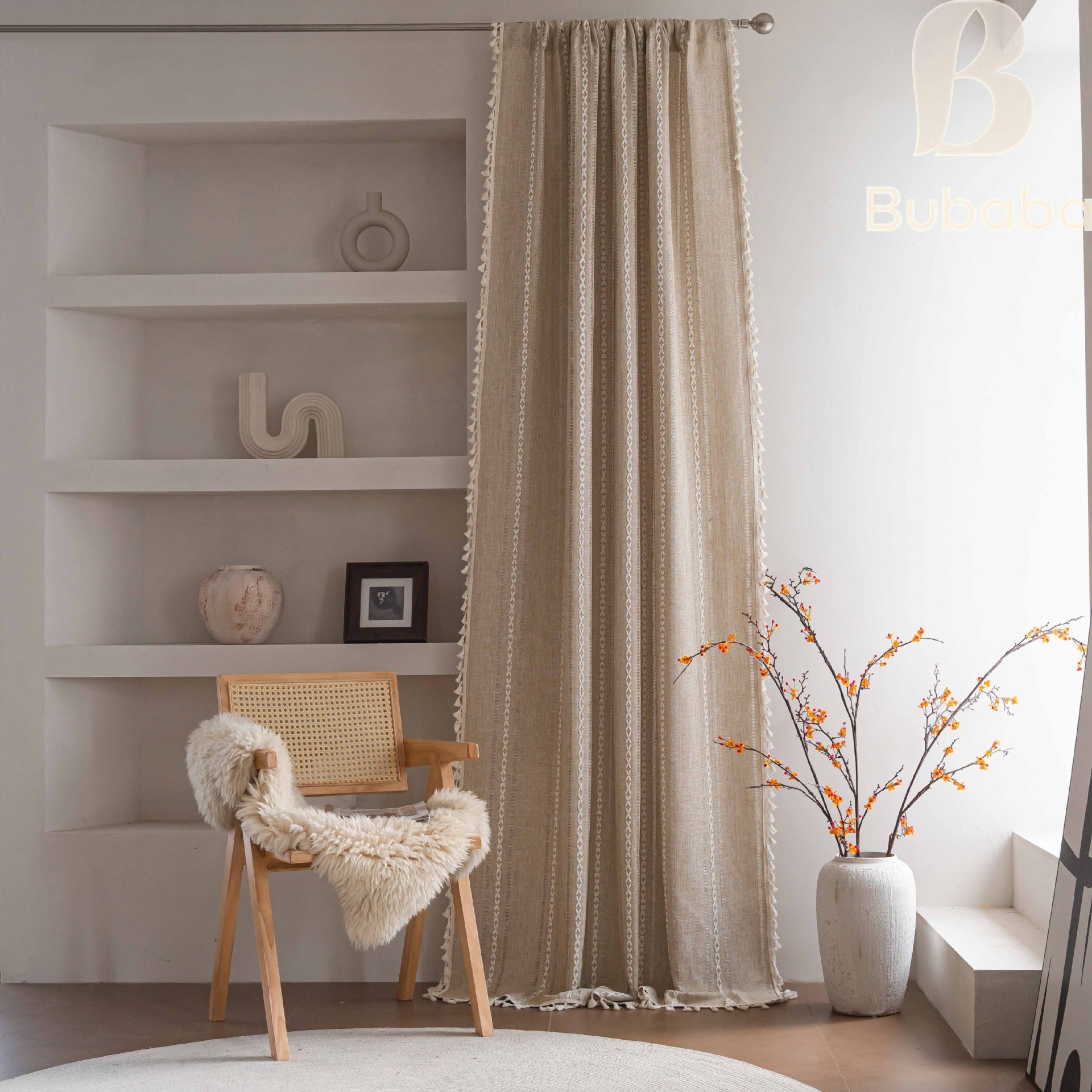 Cortinas rústicas de rayas bordadas para salón y dormitorio_voghion.com