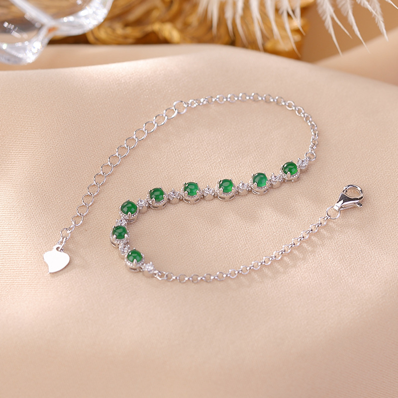 Vòng tay bạc S925 đính ngọc lục bảo 8 hạt phong cách hoang dã tinh tế — Một chiếc