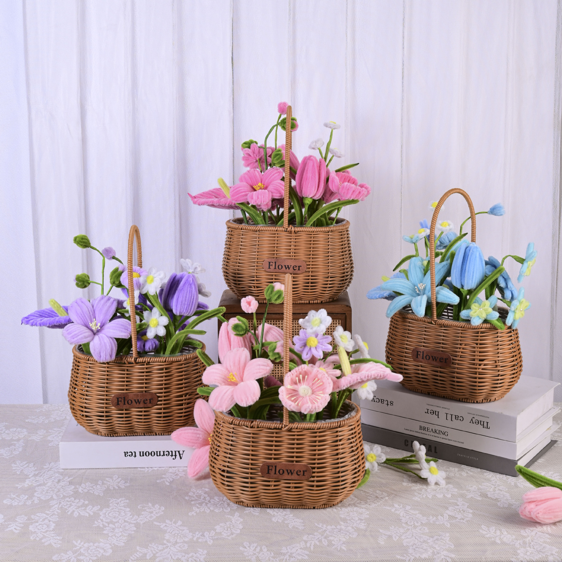 扭扭棒批发花盆仿藤花篮手提篮插花篮户外装饰开学季礼物仿真花