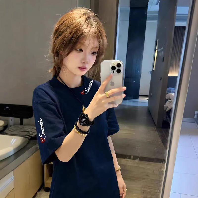 Navy Blue Pure Cotton Short-Sleeved T-Shirt for Women, Summer College Style High Street Student Loose Oversize Half-Sleeved Top Ins Navy Blue Pure Cotton Short-Sleeved T-Shirt for Women, Summer College Style High Street Student Loose Oversize Half-Sleeved Top Ins
