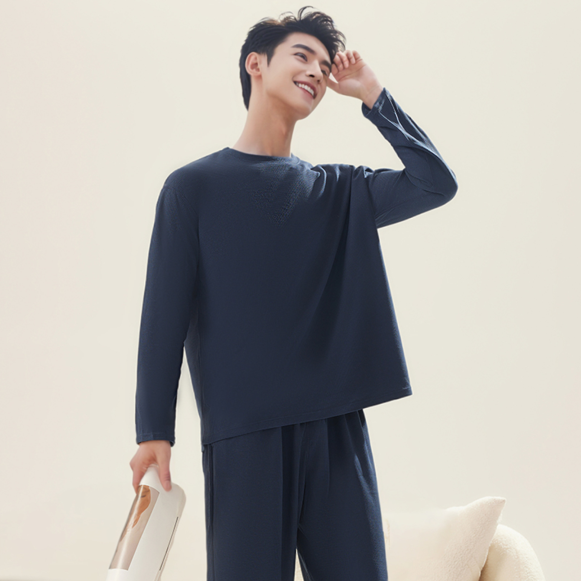 男性と女性のためのパジャマ、ワッフル長袖ズボン、空調服、薄手のカジュアルウェアラブル、大きいサイズのホームカップルスーツ