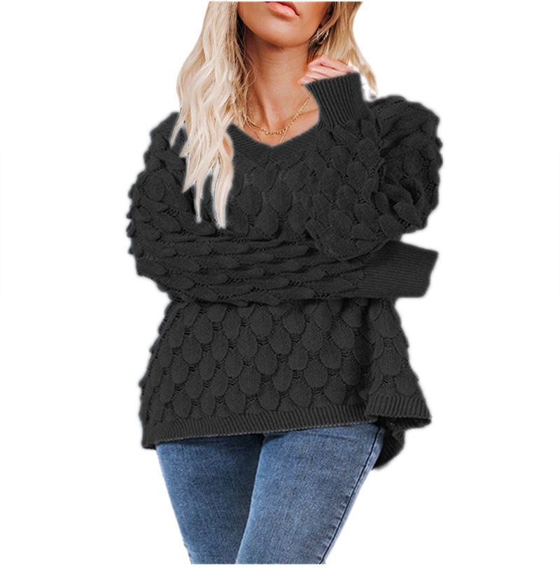 Europeo y americano invierno nuevo suéter de punto de pluma hueco cuello en V manga larga suéter femenino ventas directas de fábrica