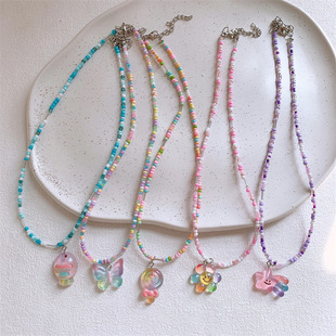 Children's colorful beaded necklace childlike cute cartoon butterfly flower pendant clavicle chain sweet girl heart necklace
