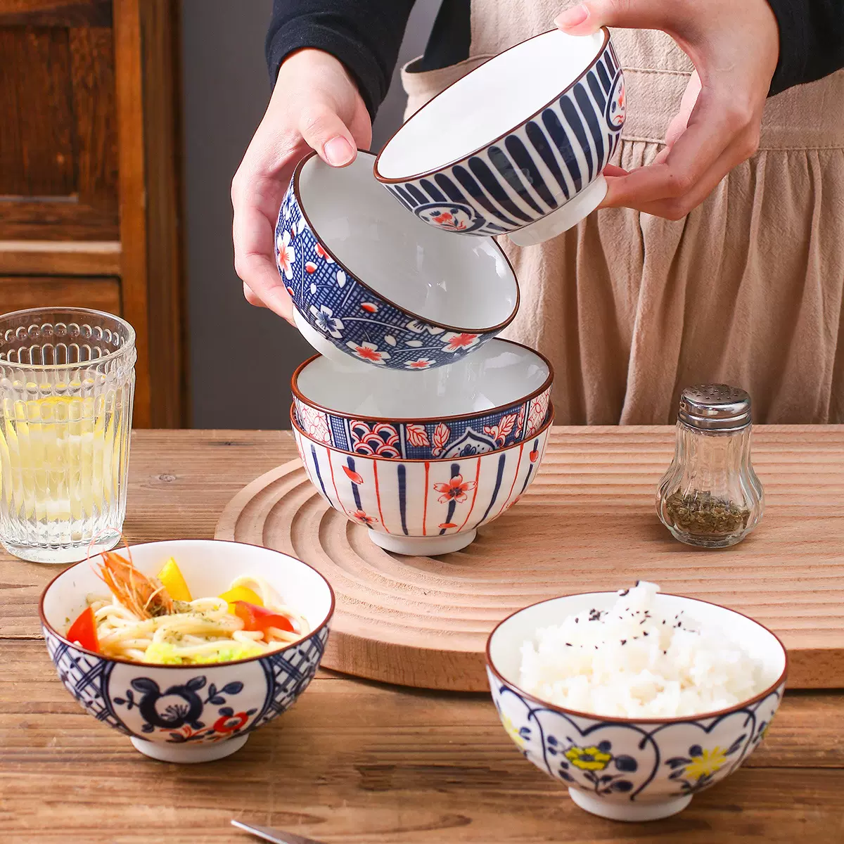跨境日式陶瓷碗餐具家用米饭碗沙拉碗波西米亚餐具套装亚马逊temu