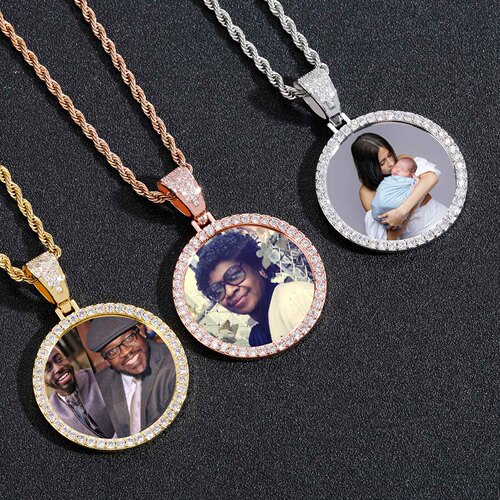 European and American necklace personalized photo memory round picture frame medal solid pendant hip-hop jewelry necklace