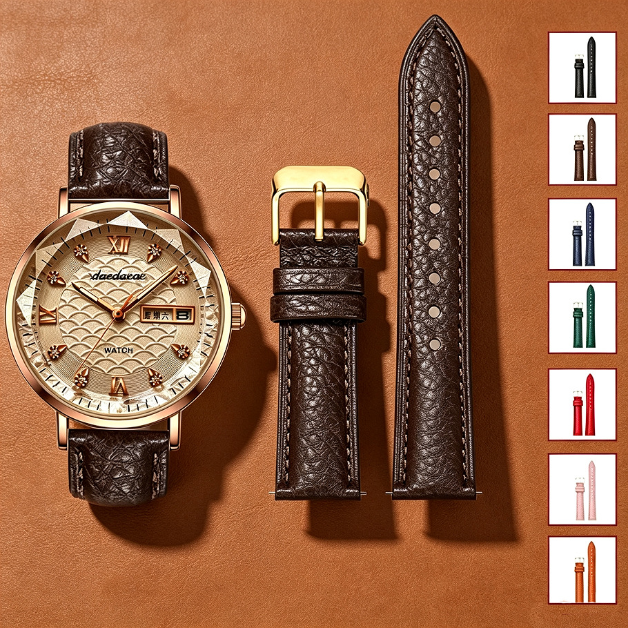 In-Stock Wholesale Lychee Grain Textured Genuine Leather Watch Strap, Soft, Waterproof, Durable, Colorful Pin Buckle, Watch Band Accessories