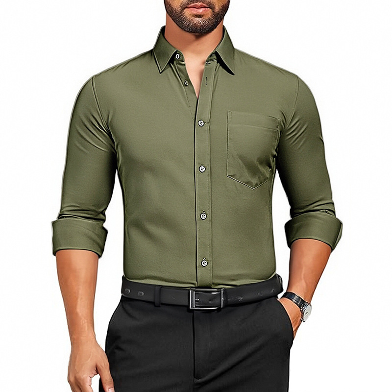 Camisa blanca de manga larga para hombre de primavera delgada de Amazon, transpirable elástico y antiarrugas, top profesional de negocios de color sólido para hombre
