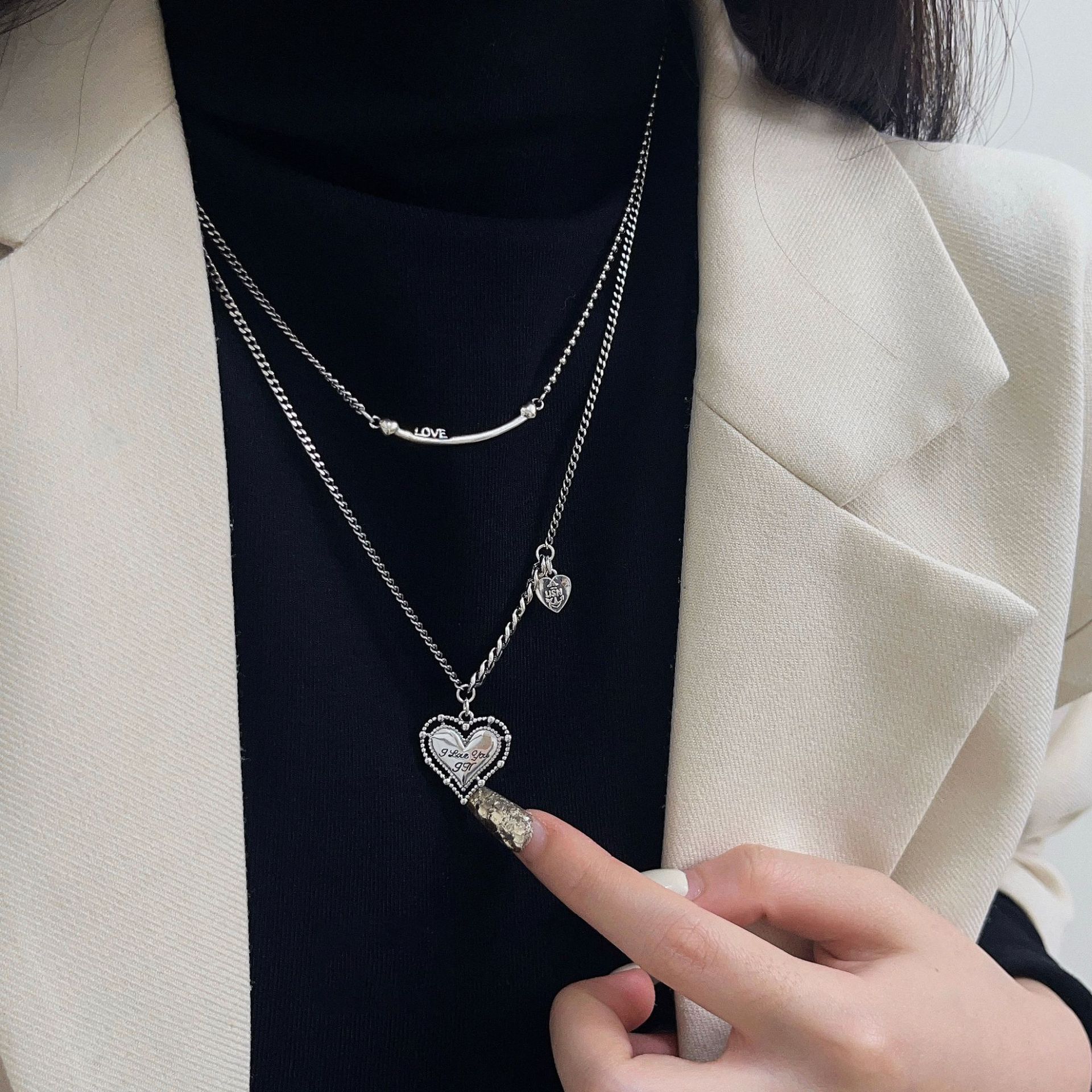 銀瑞泰S925純銀秋冬雙層疊搭愛心復古女項鍊小眾精工高級感鎖骨鏈