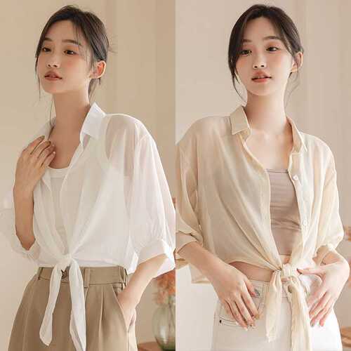 Chiffon sunscreen cardigan women's 2024 summer white quarter sleeves thin shawl outer shirt top coat