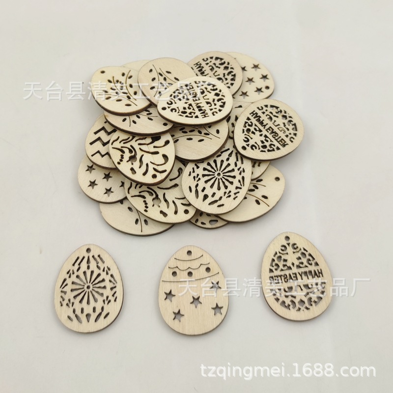 Huevos de madera de dibujos animados de madera con estampado tallado en madera, 25 piezas de madera en forma de conejo y pollo en un paquete