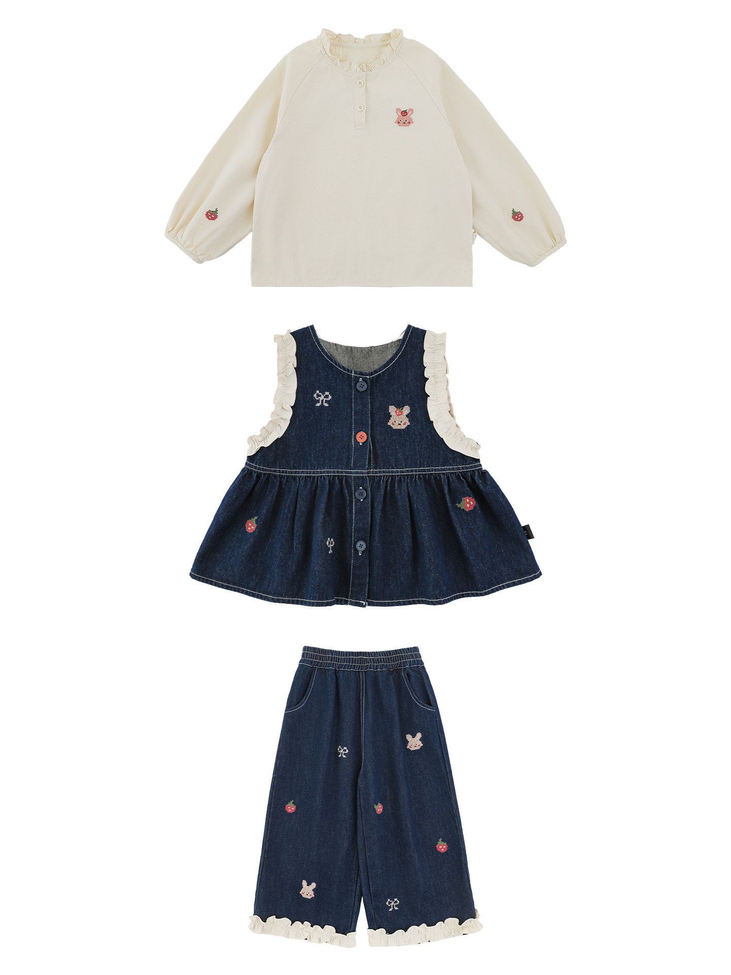 Wulibuyi niñas 2026 primavera nueva camisa de cuello de hongo para niños chaleco sin mangas jeans set